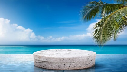 tropical marble pedestal product display rocky palm tree sunny sky background ocean poolside beach showcase copy space