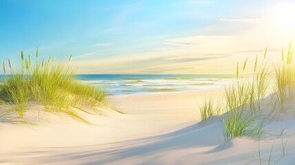 Tranquil beach with dunes and sea grasses.