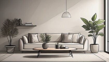 modern living room with sofa coffee table floor lamp and potted plant in minimalist line art style