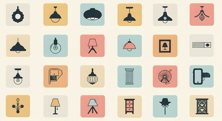 Collection of flat design icons representing various lighting fixtures and interior elements