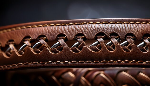 detailed closeup of a brown leather belt strap showcasing intricate textures and stitching patterns under natural light