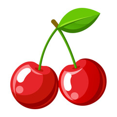 Glossy deep red cherries with green leaf vector illustration scalable graphic