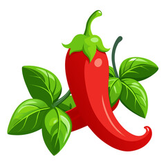 Vibrant red chili peppers with fresh green basil leaves vector illustration