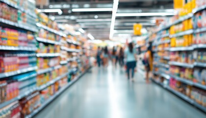 Blurred Supermarket Aisle With Full Shelves And Unrecognizable Customers - An Abstract Scene Of Shopping Experience.