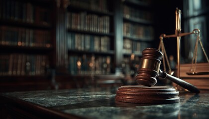 Courtroom Display Of Judge'S Gavel And Scales Next To A Large Library Stocked With Numerous Books