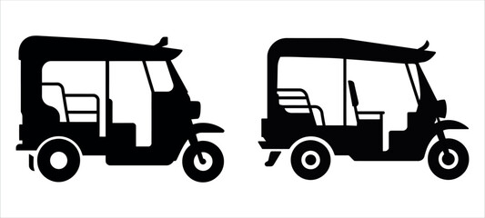 Black outline vector illustration of a three-wheeled auto rickshaw — depicting a classic tuk-tuk vehicle used for urban transportation. Simple line art design ideal for travel, transport, and cultural