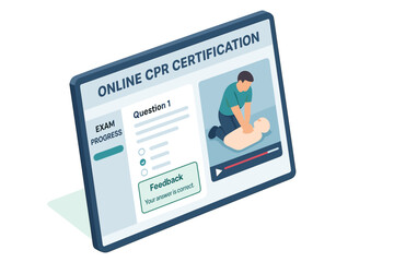 Online cpr certification course interface with progress tracker and feedback system