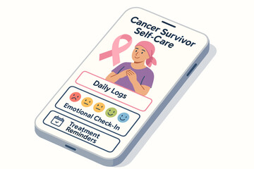 Cancer survivor self-care app interface with daily logs and emotional check-in
