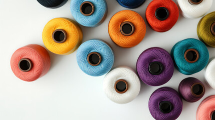 A vibrant collection of colorful thread spools arranged artfully on a pristine white surface. The image is perfect for illustrating concepts related to craft and sewing.