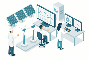Isometric renewable energy lab with scientists analyzing solar and wind power data