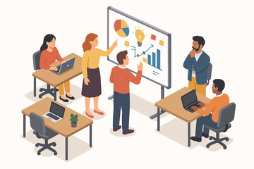 Collaborative business meeting with diverse team analyzing charts on whiteboard