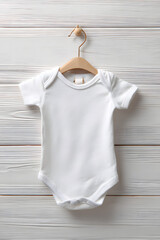 Clean stock photo showing a white cotton baby onesie in a flat lay top-view composition against a bright white background.