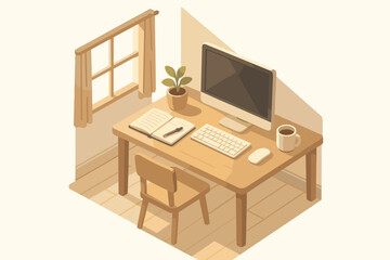Cozy home office setup with wooden desk, computer, and plant by window