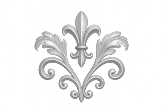 Fleur-de-lis and scrollwork ornament, classic heraldry symbol with baroque silver style decorating