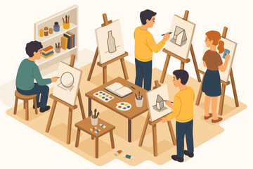 Diverse group of young adults in art class engaged in sketching and painting