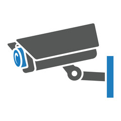 Illustration of a security camera mounted on a wall, with a gray body and blue accents.