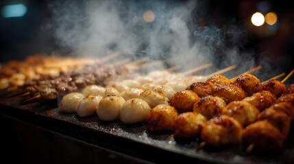 Rows of delicious food including steaming dumplings and meat skewers cooking on a hot grill at a bustling night market