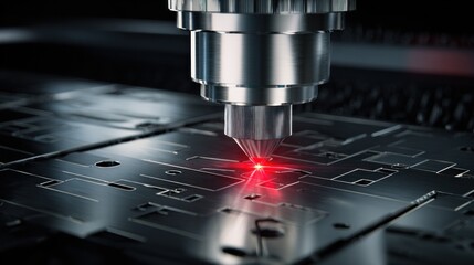Laser engraving in progress, laser tip above metal surface. Suitable for industrial or manufacturing concepts.