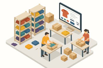 Obraz premium Online shopping illustration: caucasian male and female packing orders in a warehouse