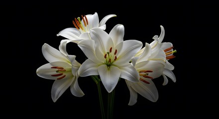 Elegant White Lilies Blooming Gracefully Against a Stark Black Background