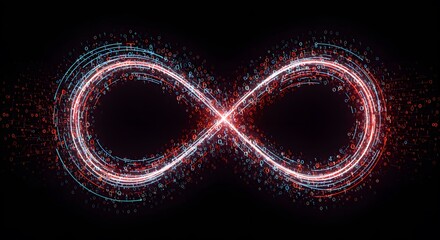 Digital Infinity Symbol Made of Glowing Binary Code Streams on Black Background