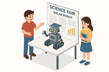 Children presenting solar robot at science fair: caucasian male and female kids engaging in stem
