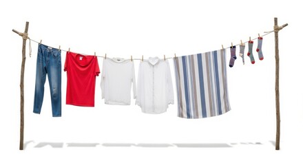 Laundry Day Clothes Hanging on Rustic Wooden Clothesline Outdoor Scene