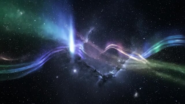 Graceful Waving Cosmic Light Trails Resembling Aurora, a Seamlessly Looping Abstract Galaxy Scene shimmering, Seamlessly Looping, background