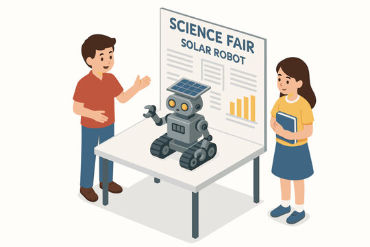 Children presenting solar robot at science fair: caucasian male and female kids engaging in stem