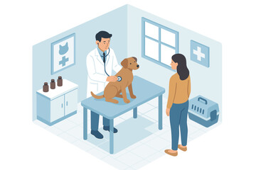 Veterinarian examines dog on table with female owner in veterinary clinic