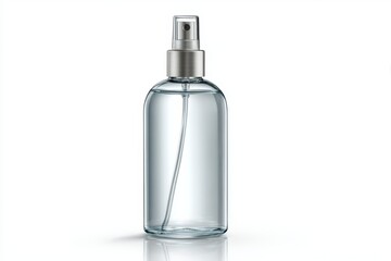 Transparent plastic spray bottle with silver nozzle and clear liquid on white background, clean minimal design for cosmetic, sanitizer, perfume, or skincare product presentation
