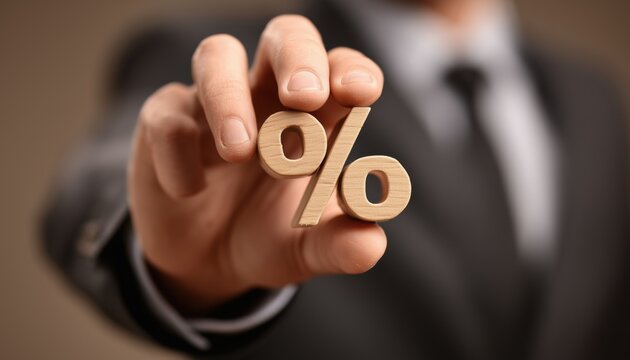 Person In A Business Attire Holding A Percentage Sign. Businessman Demonstrating Financial Concept Or Analyzing Data Related To Profitability. Stock Photo Image.
