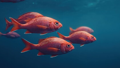 Fototapeta premium Exploring The Majestic Underwater World: School Of Red Fish In The Blue Ocean Waters Of The Maldives. Scuba Diving Adventure With Wildlife. Plenty Of Copy Space Available.