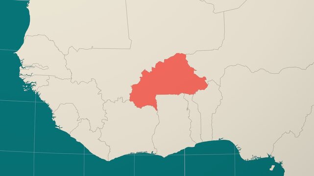 Burkina Faso map. Animated zoom into the country on the Globe in Teal Pale Mint color palette. Country logo animation. Map with meridians, parallels. Alive video.