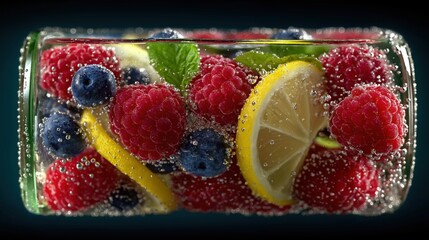 炭酸水の中に浮遊するラズベリー、ブルーベリー、レモンのスライスと気泡のクローズアップ | Close-up of raspberries, blueberries, and lemon slices suspended in sparkling water with numerous bubbles.