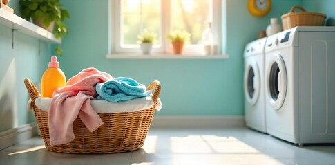 Sunlit Laundry Room Freshly Washed Clothes Overflowing from Basket, Detergent Bottles, Washing Machine, Bright and Clean Interior