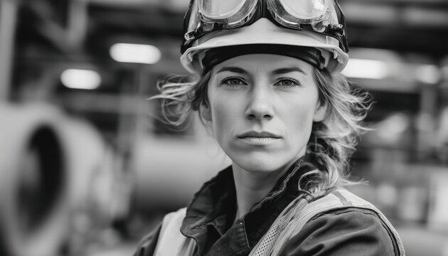 American Female Worker In A Heavy Industrial Factory Dressed In Safety Gear. She Is Ready To Work In A Secure Environment. - Powered by Adobe