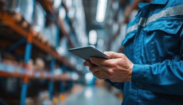 Warehouse Worker In Blue Security Suit Conducting Inventory Inspection With Digital Tablet In Expansive Distribution Center For Business Logistics And Export Operations.