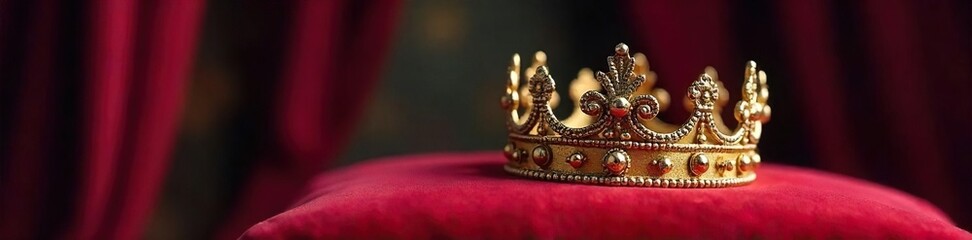 Majestic Crown Awaits Regal Arrival on Velvet Cushion, Shimmering Ornate Details, Perfect for Royalty, Fantasy, and Power Themes