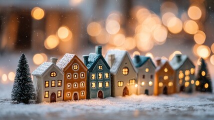 Fototapeta premium Row of small ceramic tile houses with snow covering representing festive holiday decoration and Christmas charm
