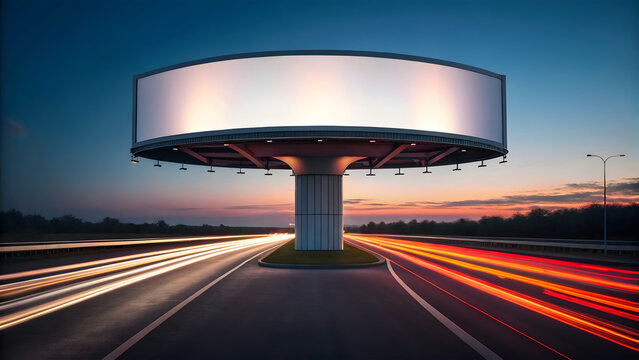 Blank billboard structure on highway at dusk with light trails