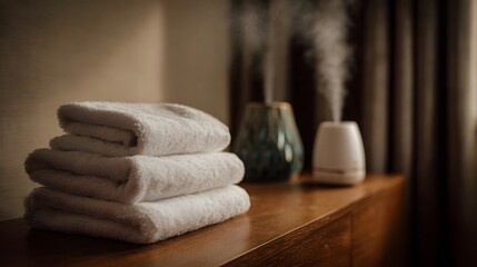 A tranquil domestic scene featuring a stack of clean white towels and an active aroma diffuser releasing mist