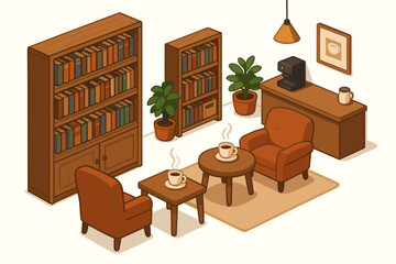 Cozy coffee nook with armchairs, bookshelves, and warm decor
