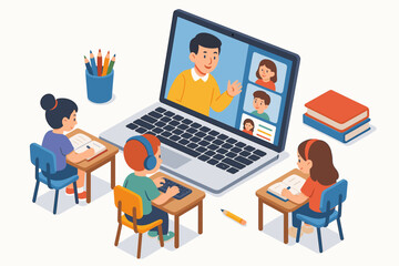 Obraz premium Children engaged in virtual classroom with teacher on laptop
