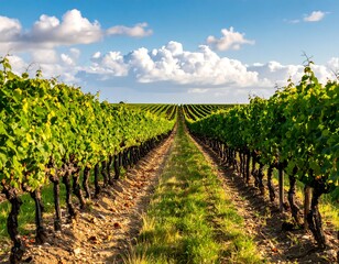 Obraz premium A vibrant, sunny vineyard with rows of green grapevines under a blue sky