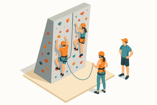 Young people rock climbing indoors with safety gear and instructor guidance