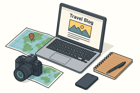 Travel blog setup with laptop, map, camera, smartphone, and notebook for adventure planning