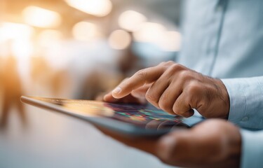 A hand interacts with a digital tablet displaying stock market charts in a vibrant business setting, highlighting the dynamics of financial trading