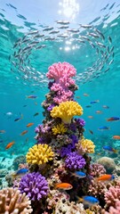 Fototapeta premium Underwater coral reef with colorful corals and schools of fish swimming in clear blue water