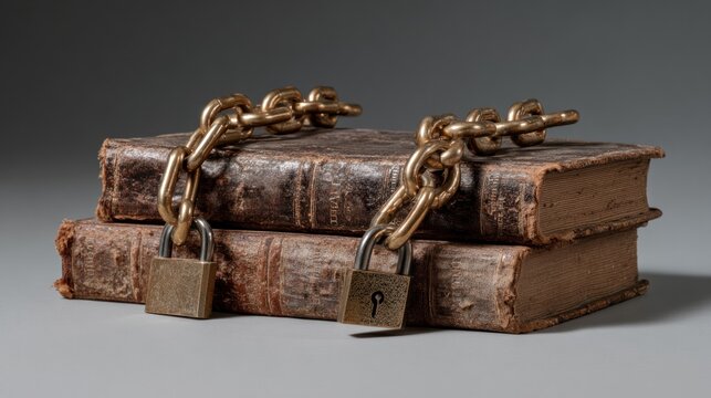 Books chained and locked symbolizing restriction of knowledge and censorship